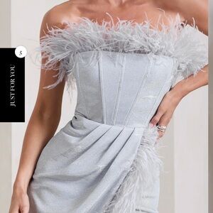 Club L - Light Blue Strapless Corset Dress with Feathers. Size 2/XS.